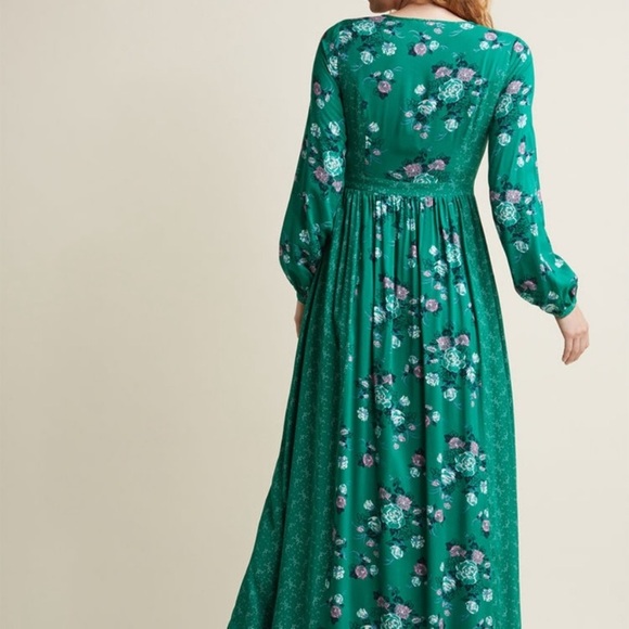 Modcloth Green Floral Long Sleeve Maxi Dress XXS - Picture 2 of 11